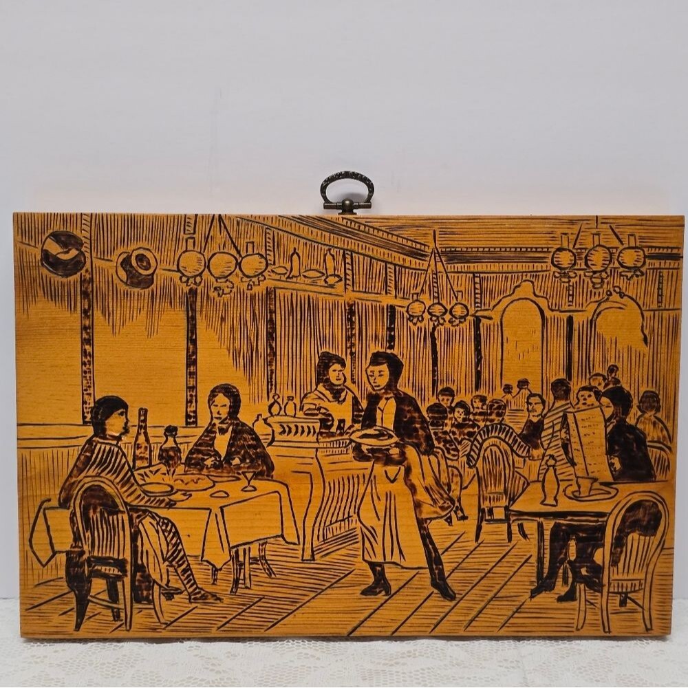 Vintage 60s Pyrography Wood Burning Restaurant Cafe Handmade Plaque Rustic Retro